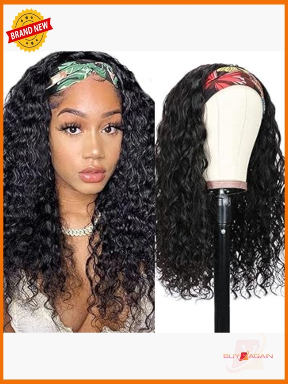 Long Headband Wig Human Hair Water Wave Curly Half Wig 180% Density Brazilian
